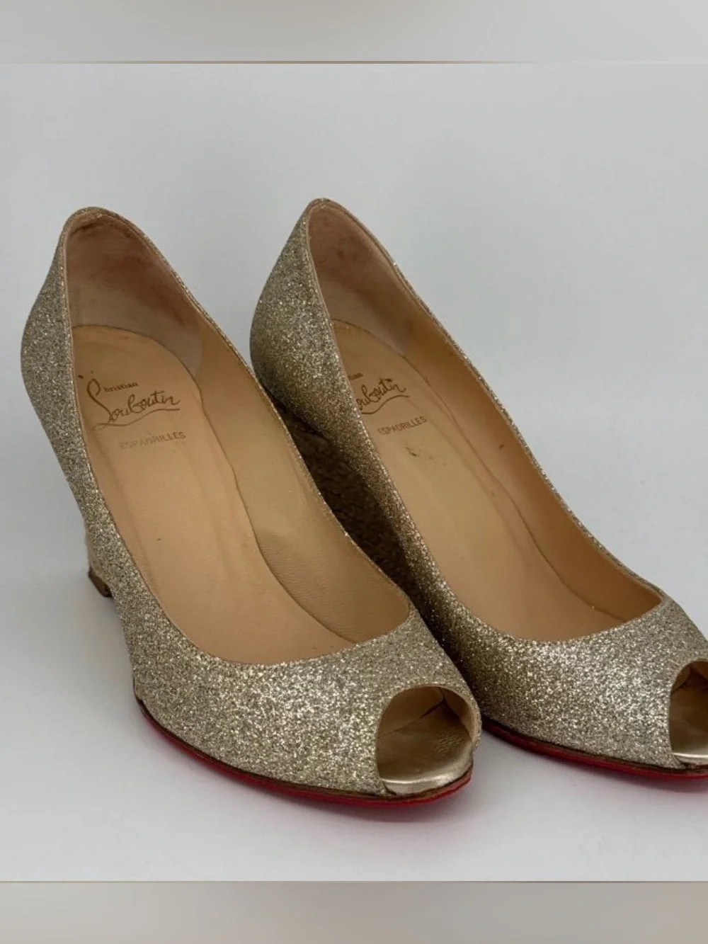 Christian Louboutin Gold Glitter Peep-Toe Wedge Pumps